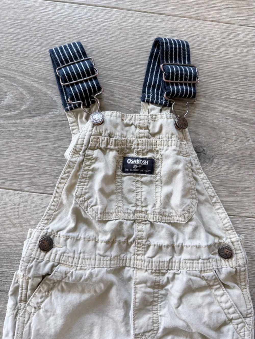 OshKosh B'gosh Tan Short Overalls with Navy Stripe Straps